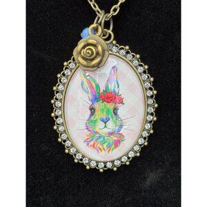 Bunny Pendant Necklace With Rhinestones & Flower Charm Easter